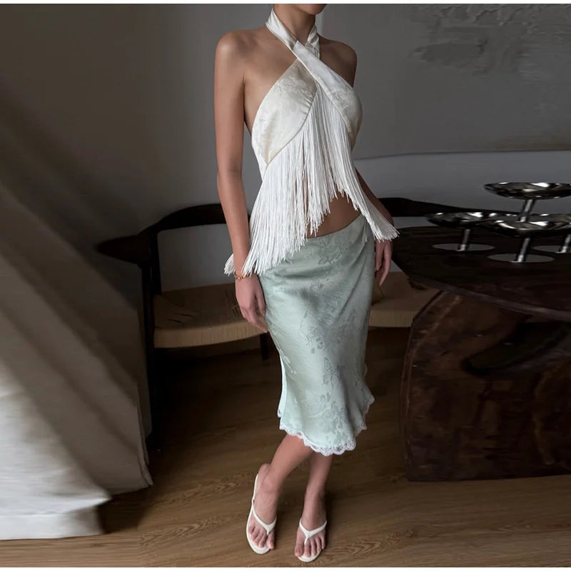 Solid Satin Women Fringe Top Cross Halter Neck Sleeveless Off Shoulder Backless Fashion Crop Tank Tops 2026 Summer Chic Outfits