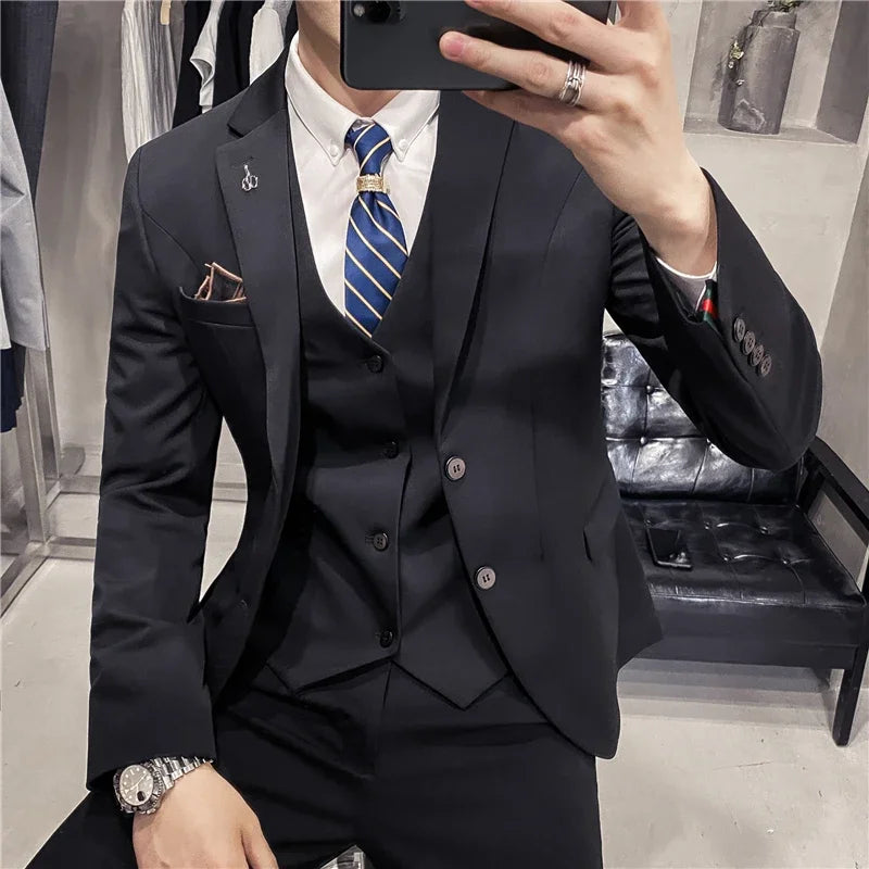 S-7XL ( Blazer + Vest + Pants ) Striped Plaid Solid Color Mens Formal Business Suit 3Pcs Set Groom Wedding Social Show Dress