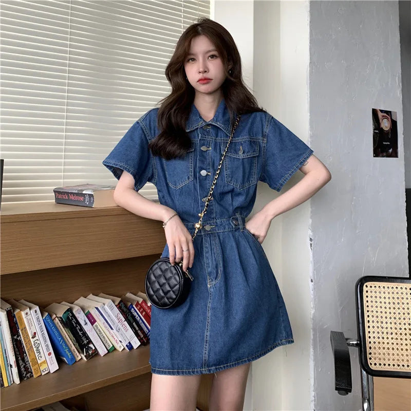 Women Vintage Denim Shirt Dress High Waist A-line Jean Mini Dress for Ladies Retro Y2K Streetwear Dresses for Women Party Outfit