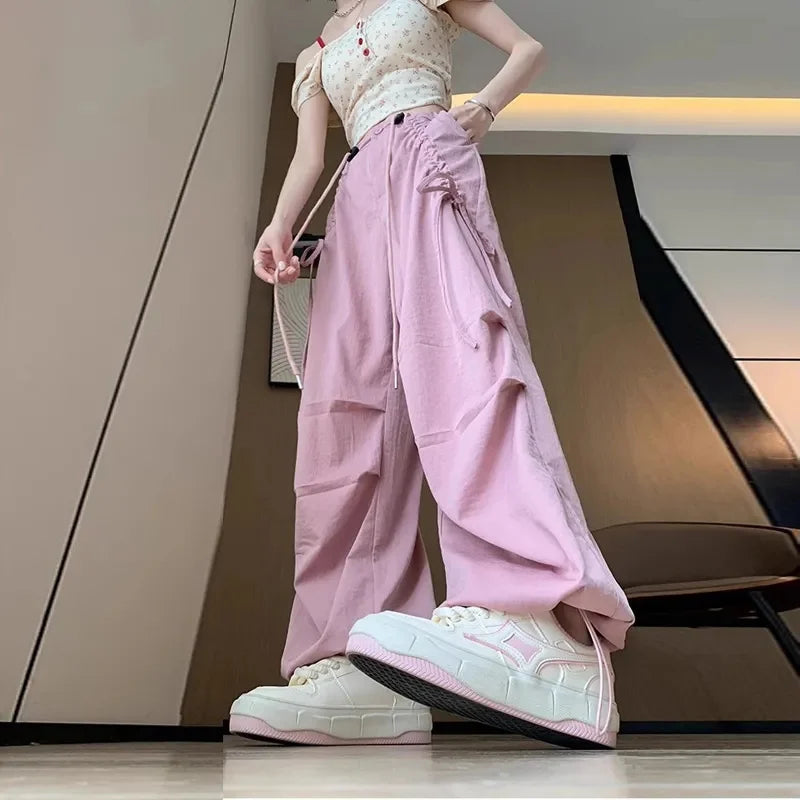 2026 Spring Summer New Women Pants Drawstring High Waisted Female Wide Leg Trousers Casual Vintage Korean Ladies Slim Work Pants