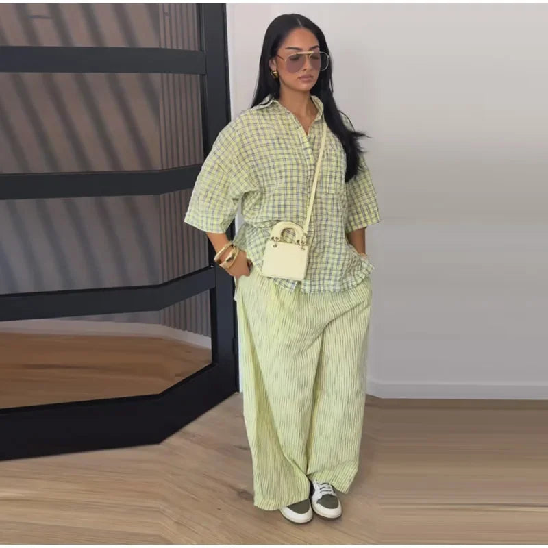 Casual Women's Plaid Blouse Pants Set Loose Lapel Single Breasted Half Sleeve Blouses Wide Leg Pant 2026 Summer Lady Suit