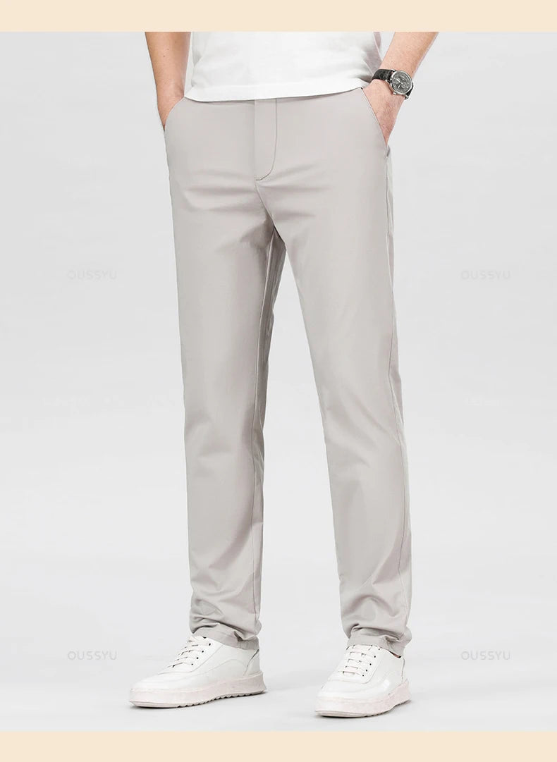 High Quality 97% Cotton Men's Straight Pants Business Solid Color Khaki Light gray Casual Formal Suit Trousers Plus Size 40 42