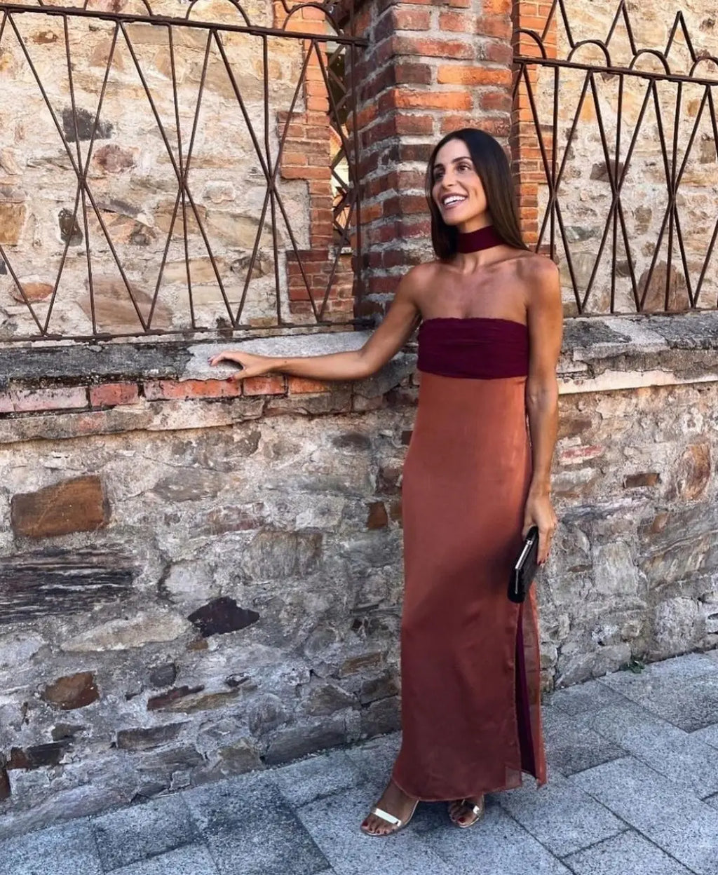 Color Blocking Scarf Collar Suspender Women Maxi Dress Spaghetti Strap High Split Floor Length Evening Dresses Lady Party Robes