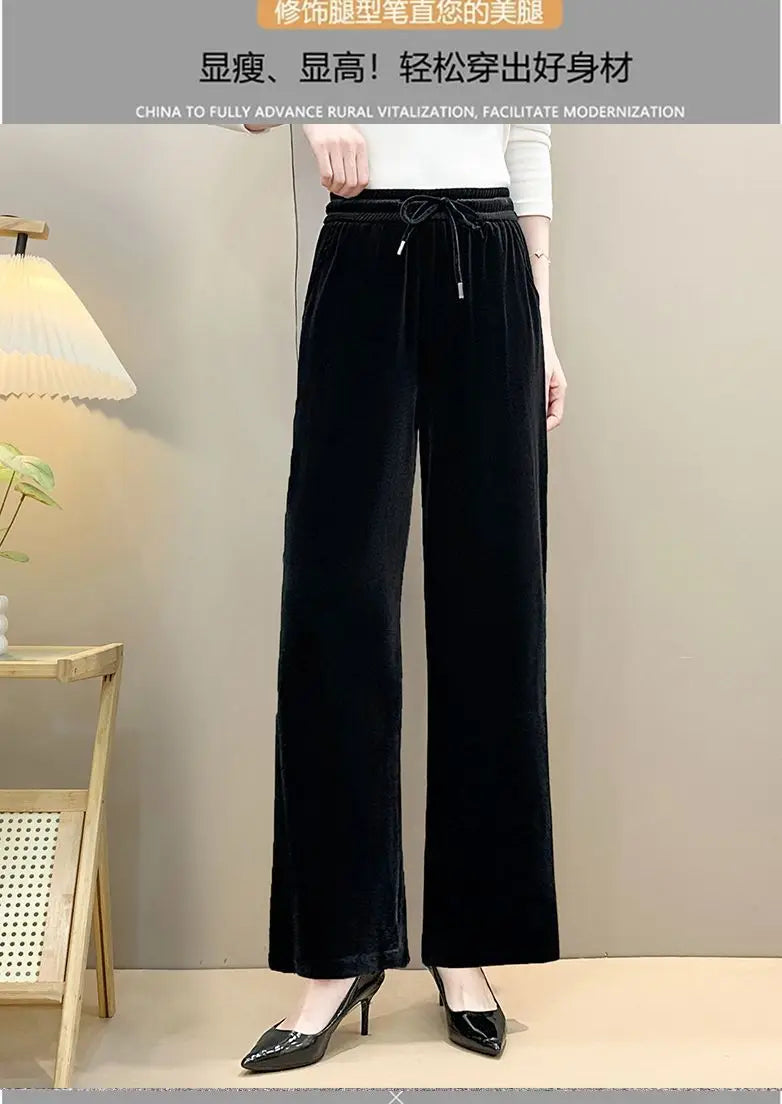 Women Drawstring High Waist Velvet Wide Leg Long Pants