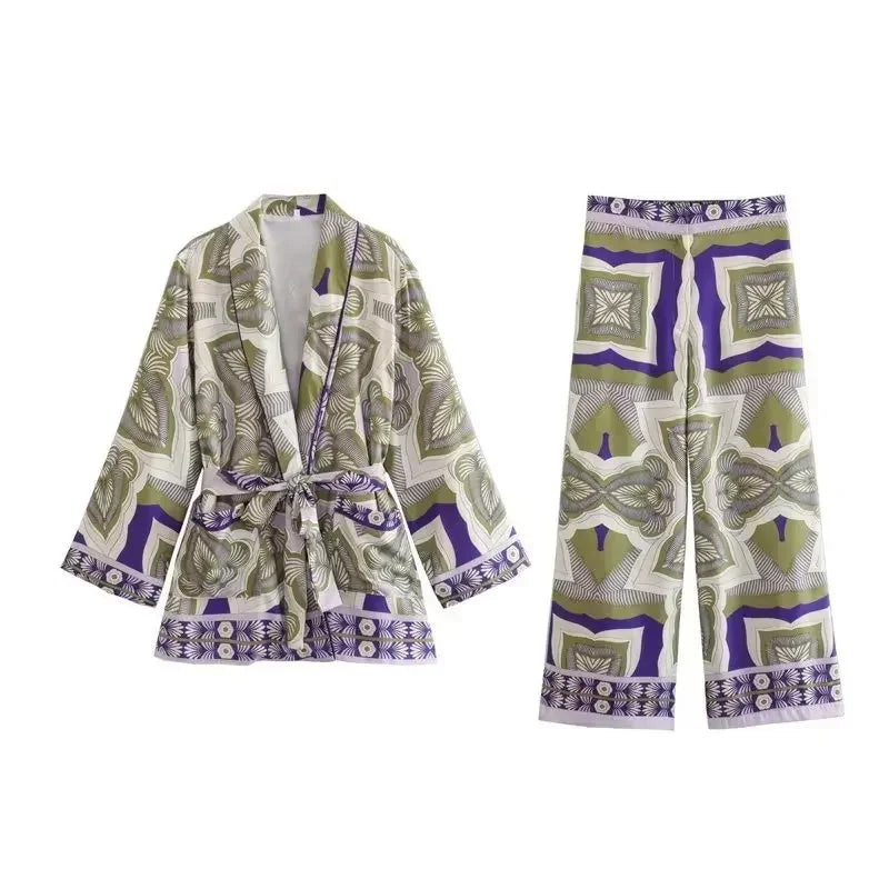 Women Fashion Print Pajamas Suit Autumn Shirts+Long Pants Set 2024 Female 2PCS Sets Casual Top With Belt Street Outwear Mujer