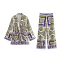 Women Fashion Print Pajamas Suit Autumn Shirts+Long Pants Set 2024 Female 2PCS Sets Casual Top With Belt Street Outwear Mujer
