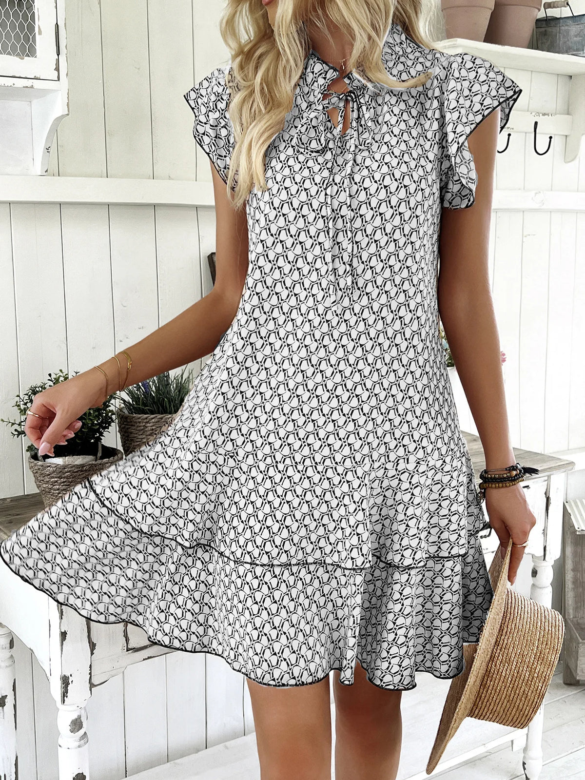 2025 Elegant Women's Casual Loose Ruffle Mini Dress Bohemian Printed V-neck Lace-up Small Flying Sleeve Dresses For Women S-3XL