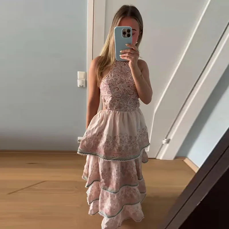 Floral Print Halter Neck Tiered Ruffle Dress Waist Cinched V Neck 2026 Summer Causal Women Vacation Irregular Layered Vestido