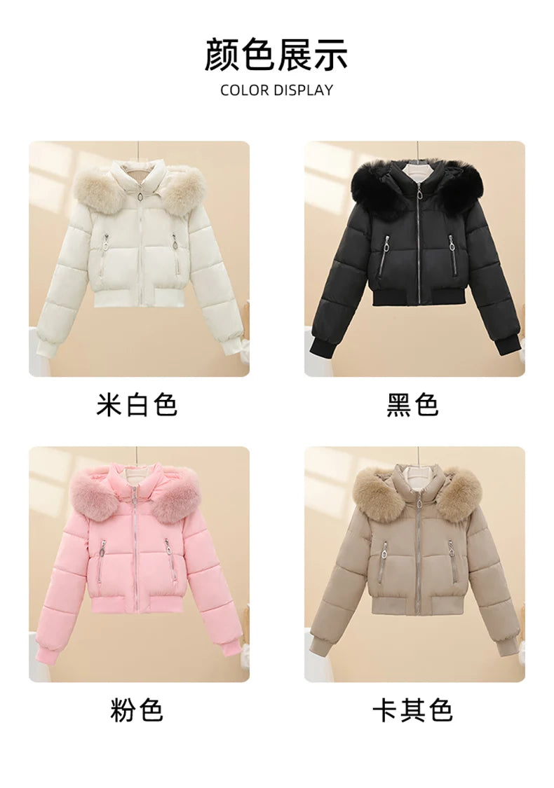 2025 Winter New Short Cotton Jackets Long Sleeve Loose Short Women's Parka Coats Hooded Big Fur Collar Down Cotton Padded Coats