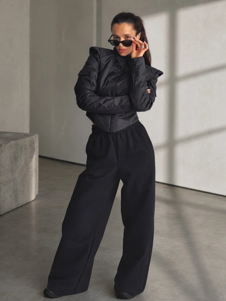 Women Sporty Cropped Padded Jacket Stand Collar Zip‑Up Shoulder Pad Long Sleeve Slim Fit Warm Coat Casual Chic Ladies Outerwear
