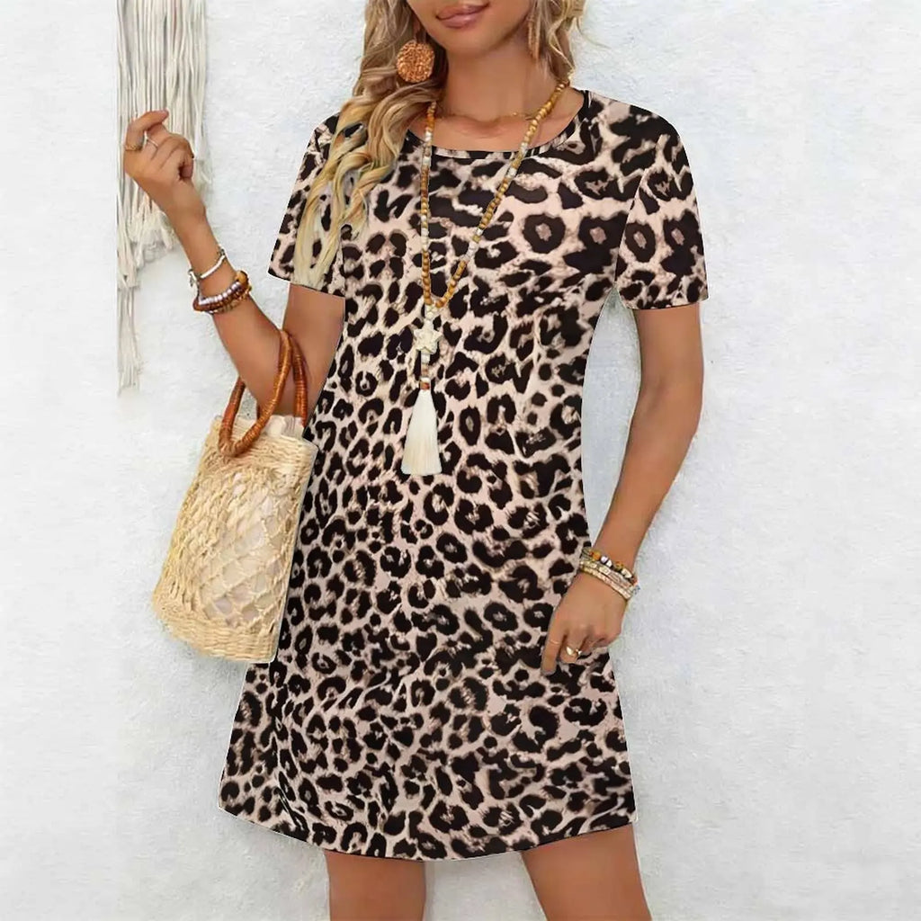 Women's Classic Leopard Print Short Sleeve Round Neck Midi Dress Loose Casual A Line Daily Wear Dress