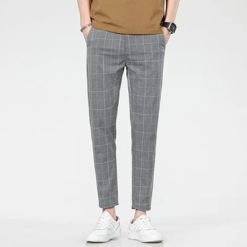 2025 Spring/Summer Men's Elastic Slimming Straight Leg Casual Pants Fashion Breathable Grid Design Sports Pants