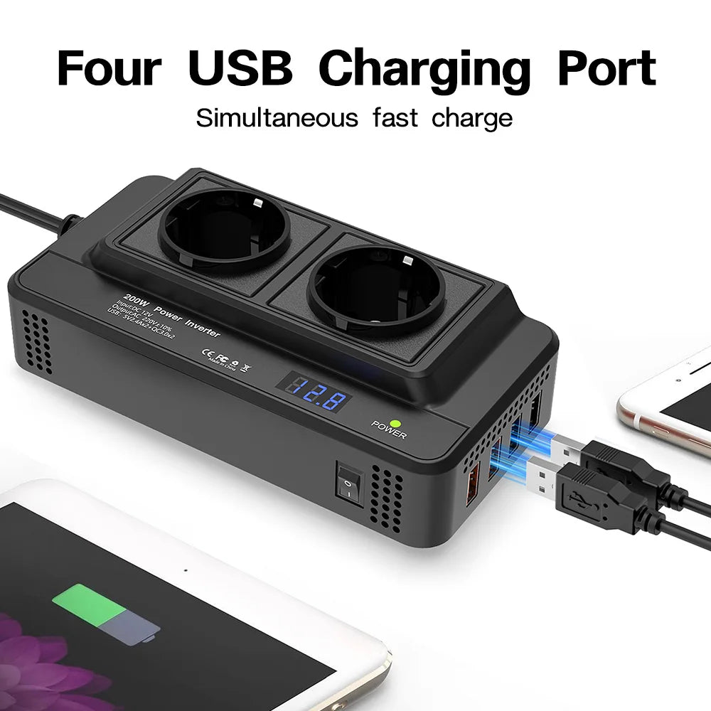 200W vehicle inverter, converting 12V DC to 220V AC, featuring two power sockets and four QC3.0 35W USB ports.