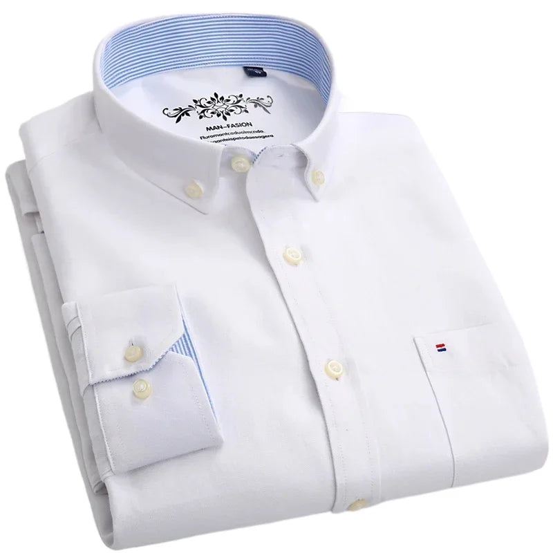 Men's 100% Cotton Smart Casual Shirt Long Sleeve Plaid Oxford Casual Solid Color Print Regular Fit Dress Shirt Oversized  6XL