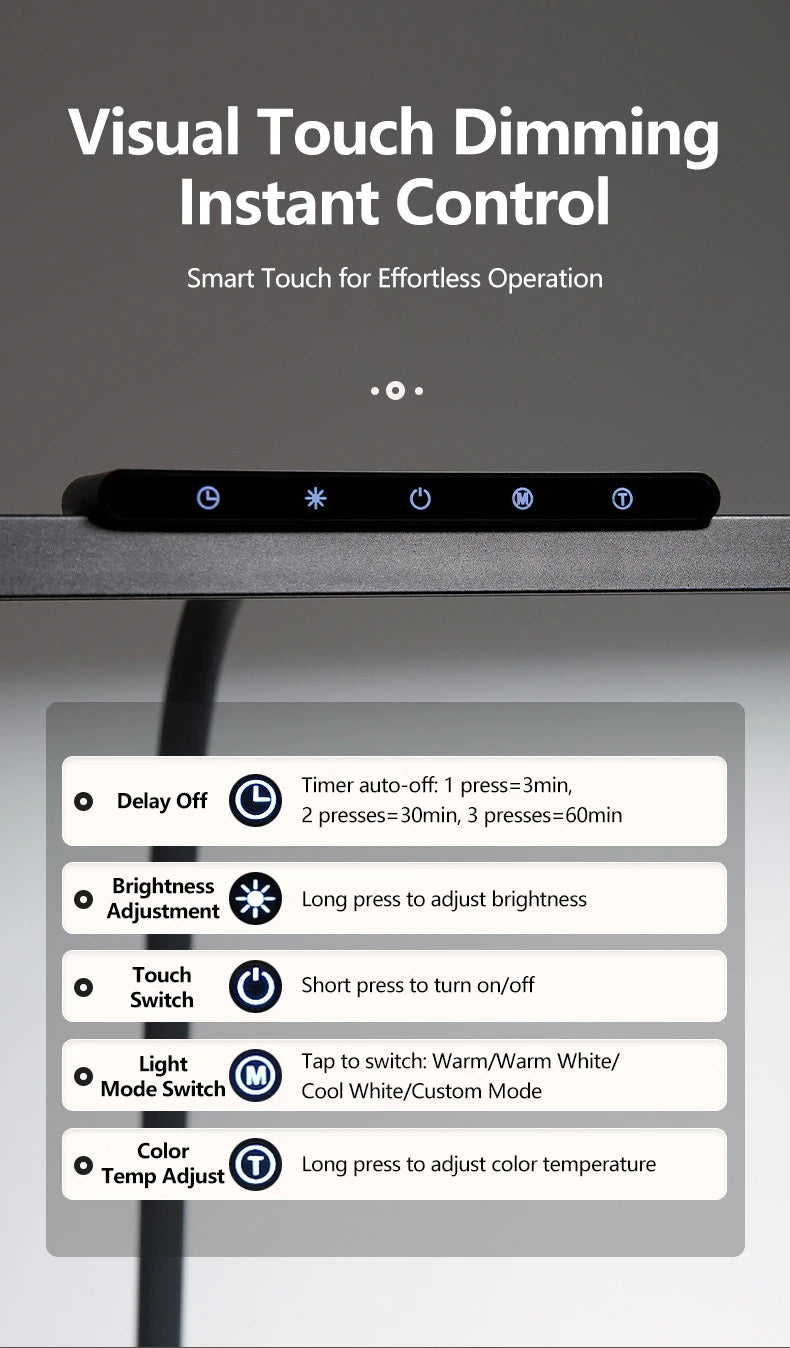 LED Full-Spectrum Eye-caring Desk Lamp with Flexible Gooseneck Stepless Dimming Flicker-Free Touch Control Desk Lamp for Home