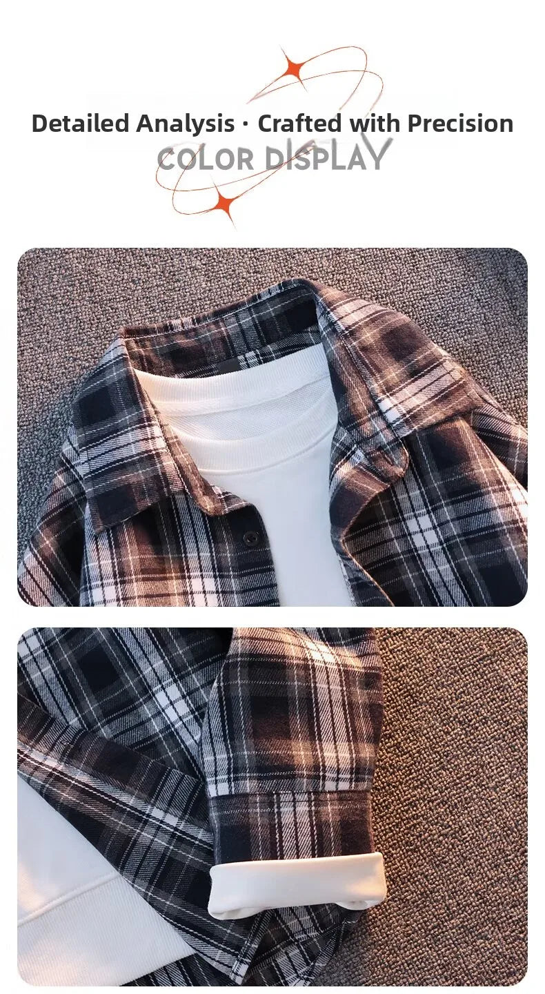 Retro Japanese Plaid Long Sve irt Men's Casual Loose Fit Spring Autumn Wear for Students And Couples Youth Faion