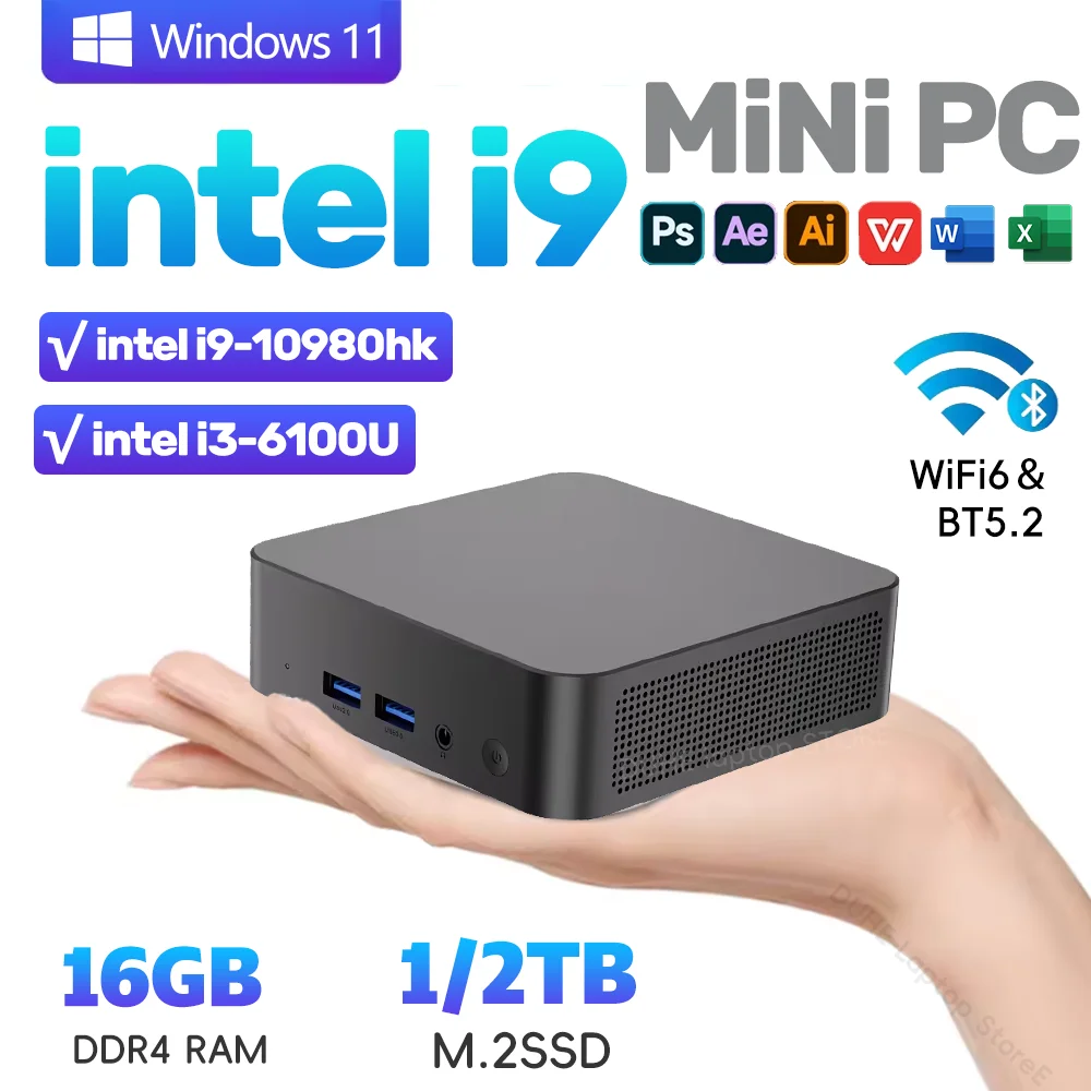 Windows 11 Intel I9 MINI PC Intel Core I9 10980HK/Core I3 6100U MINI Host 16GB DDR4 2048GB SSD WIFI 6 BT5.2 Gaming MINI PC