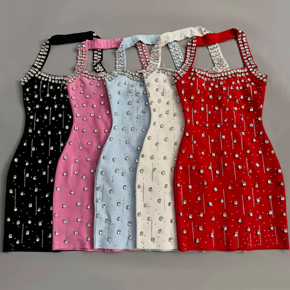 Luxury Diamond Rhinestone Women Summer Halter Bandage Dress Club Evening Party Mini Dresses