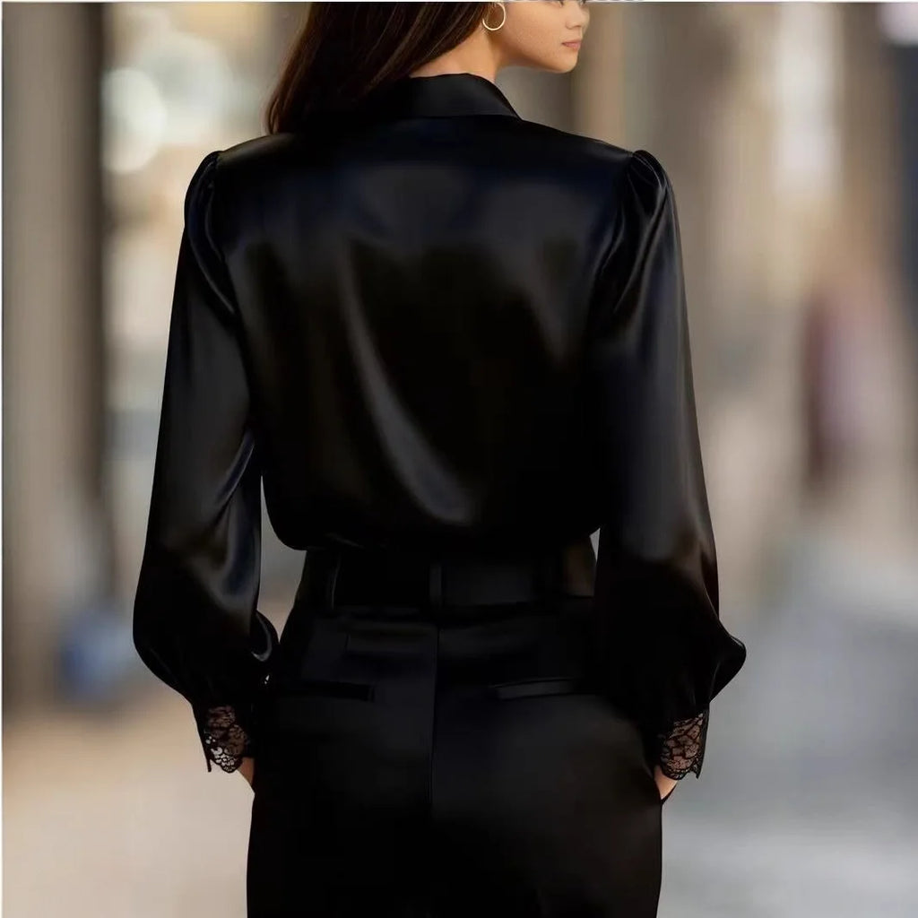French Retro Lace Blouse Women Fashion Silk-like Satin Turn-down Collar Button Up High Street Evening Party Elegant Tops