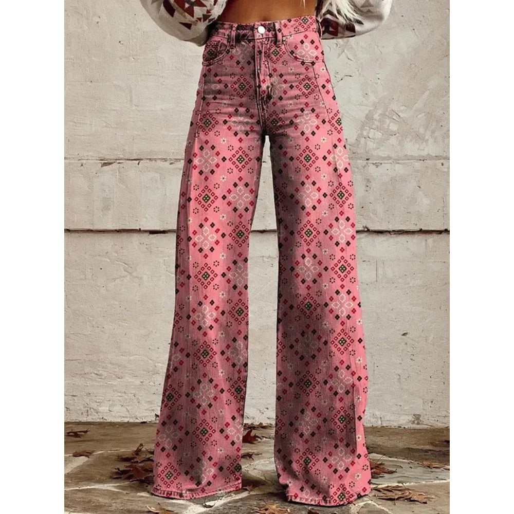 Pink Green Aztec Geometric Print High Waist Wide Leg Pants Cotton Casual Boho Trousers Vintage Women's Western Casual Trousers