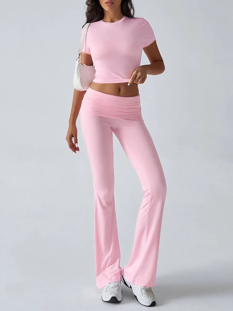 Women's Sexy Tops Suits 2026 Summer Latest Casual Solid Color Yoga Suit Slim Fit Sports Short Sleeved Pants Two-Piece Set Outfit