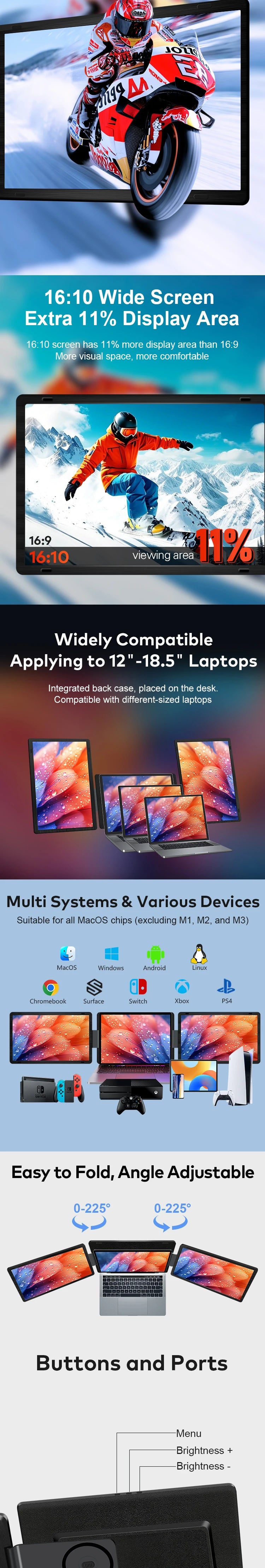 Portable Monitor 16 Inch Detachable Screen Monitor Extender Horizontal & Vertical Laptop Screen Extender for Windows and MacOS
