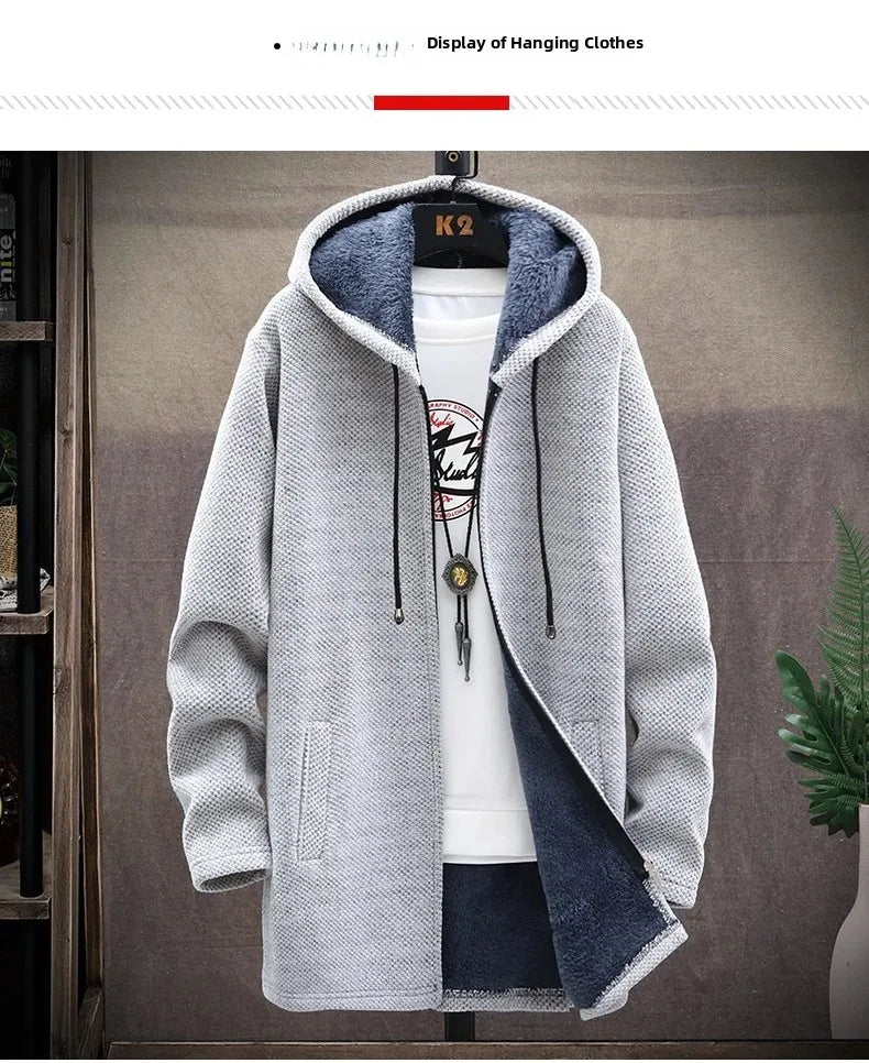 Men's Knitted Sweater Cardigan Thickened Fleece Hooded Casual Style Warm Outerwear Autumn Winter New Arrival Korean Version