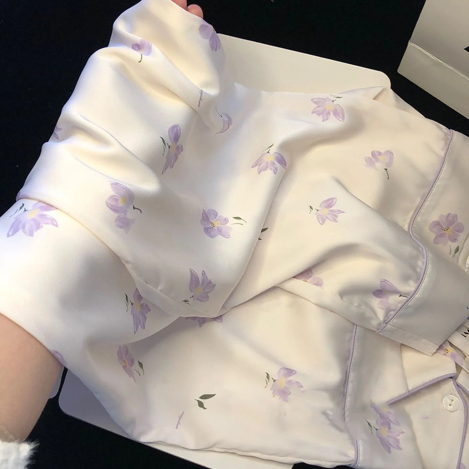 2024 New Ice Silk 2 Pieces Pajamas for Women Autumn Spring Women's Pajamas Set Elegant Ptinting Flower Home Wear Soft Sleepwear