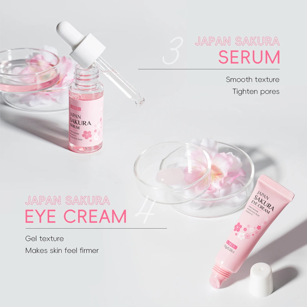 LAIKOU Japan Sakura Full Skincare Set Cleanser Toner Serum Cream Eye Cream Sunscreen Travel Kit Complete Facial Care