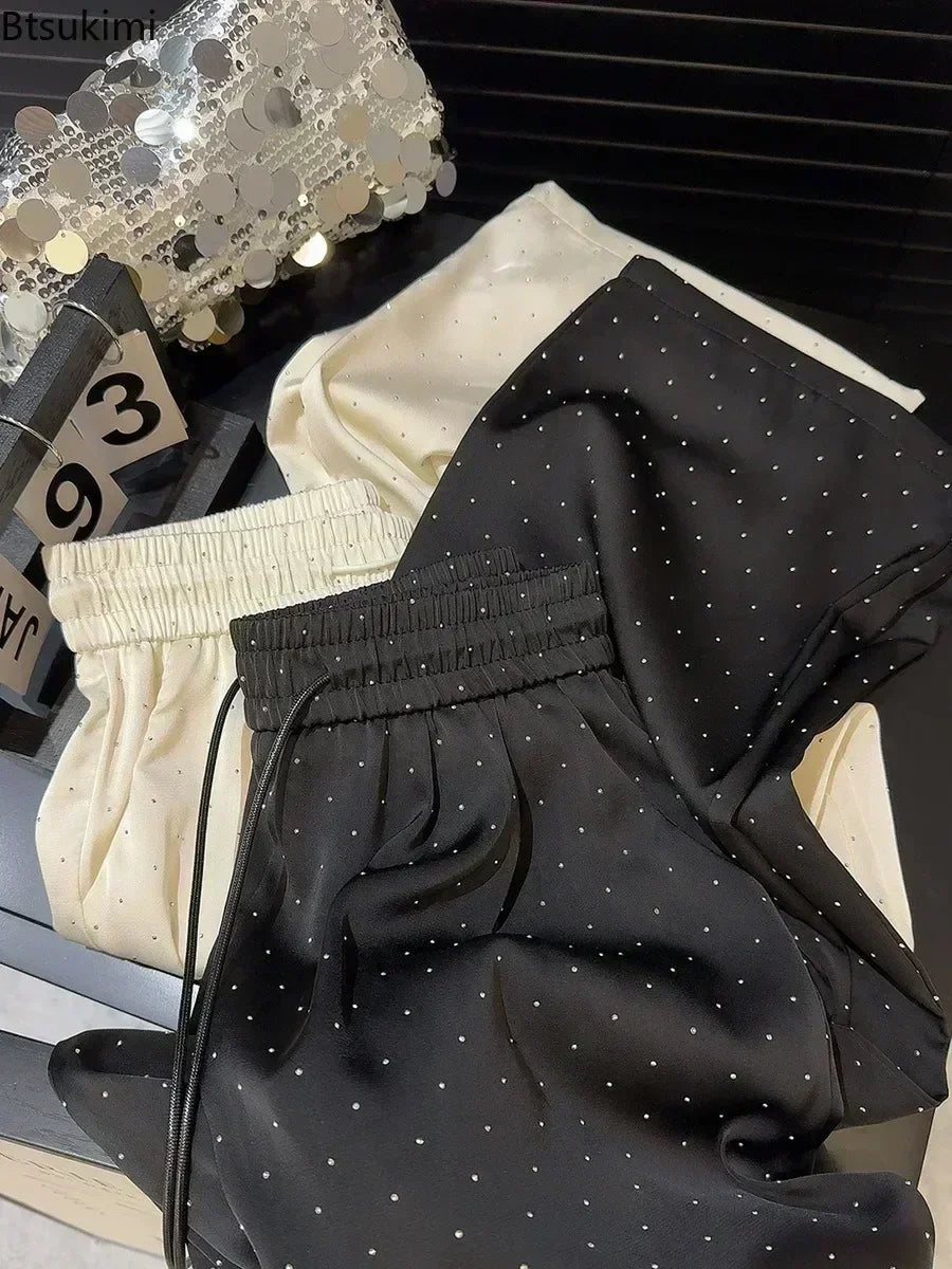 2026 High Quality Luxury Full Rhinestone Wide Leg Pants Fashion New Drawstring High Waist Straight Pants Ladies Casual Trousers