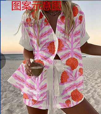 Women New Printed Short Sleeve Shirt Women's Shorts Set New Casual Loose Fashion Beach Vacation Style Shorts Women's 2-Piece Set