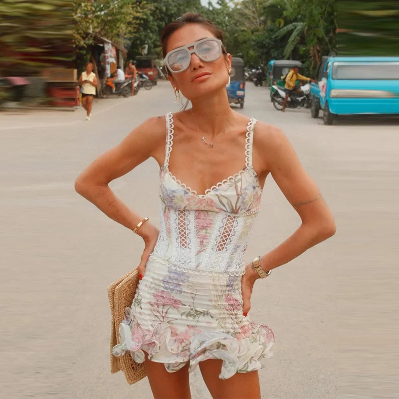 Sexy Women's Floral Printed Mini Ruffle Skirt Set Slim Lace Trim Hollow Spaghetti Strap Top Pleated Skirts 2026 Summer Lady Suit
