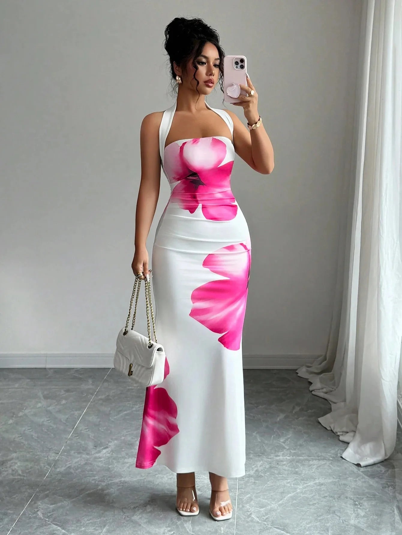 Women's 2026 New Popular Neck Halter Long Dress Hip-wrapped Printed Dress White Dress Birthday Dress for Women Summer Dress