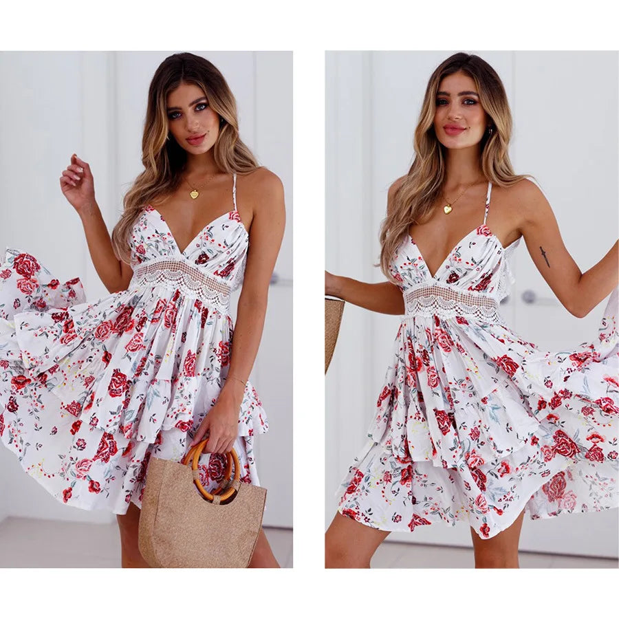 Sexy Strapless Floral  Waist Dress Cross-Border Elegant Cotton Blend Wrap Chest Style No Sleeve Summer New Arrival