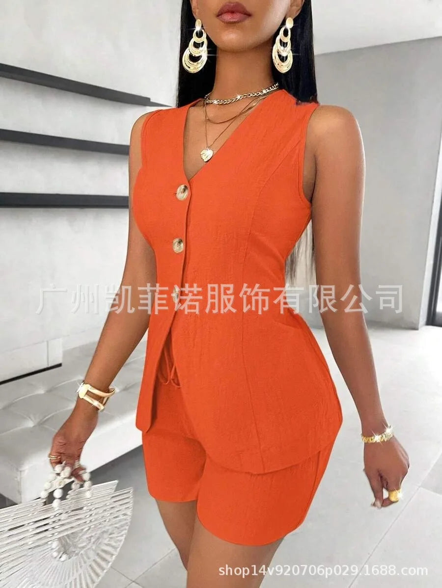 Women Fashion Casual Shorts Set Summer Vest Top Button Solid 2 Pieces Set Lace-up Pant Suits Womens Clothing Office Holiday 2025
