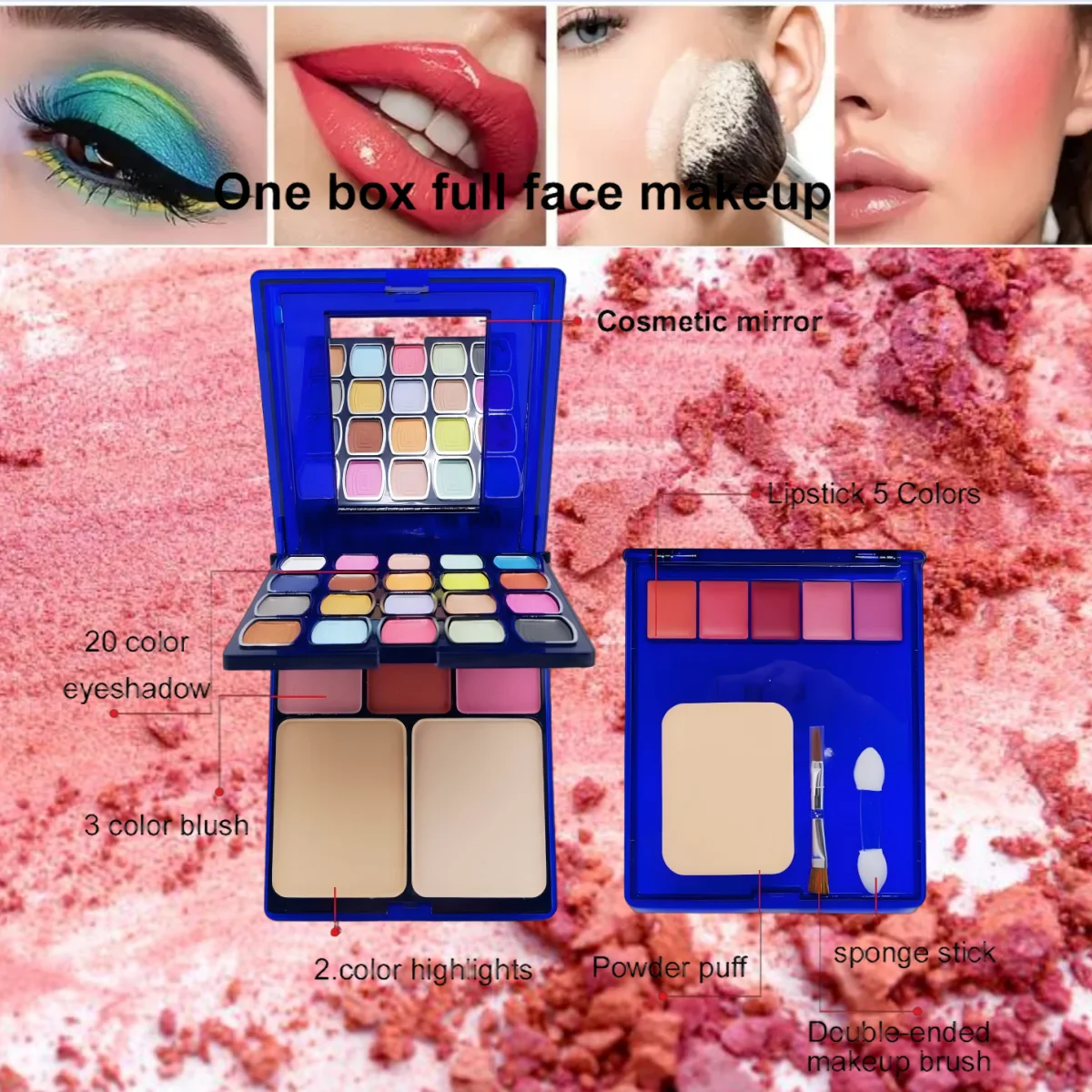 30-color multifunctional makeup palette, eyeshadow + blush + powder + lip gloss, comes with a powder puff, eyeshadow brush, cont