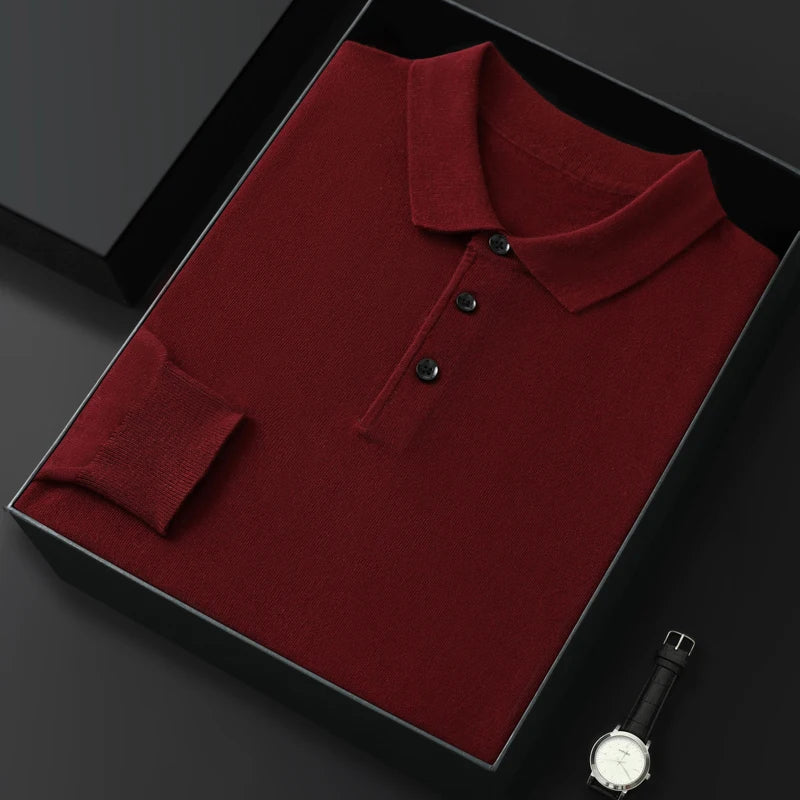 Men's Worsted Wool Kknit Pullover, Business Casual Polo Neck Sweater, Monochromatic Loose Top, Autumn and Winter Fashion, New
