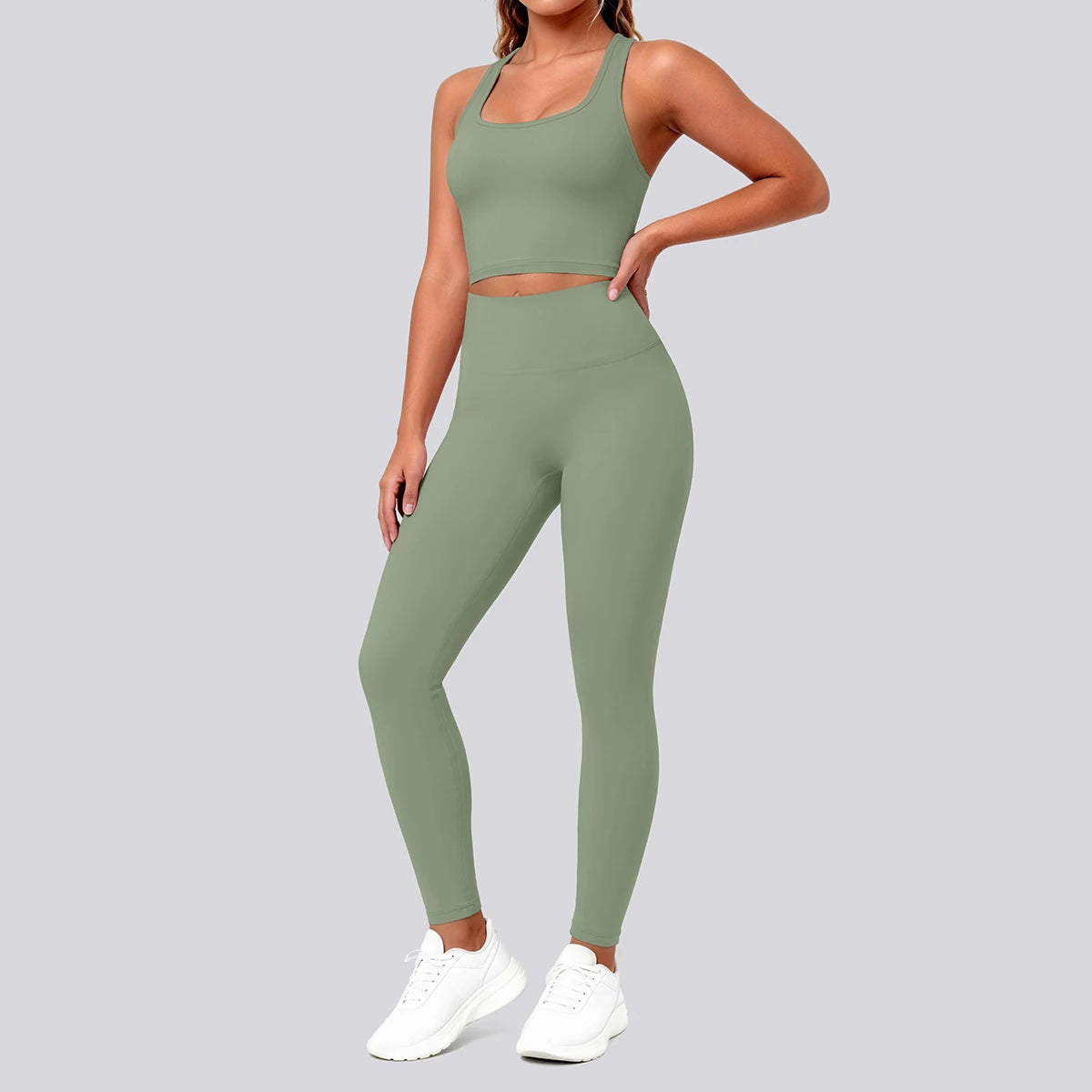 2PCS Solid Color Yoga Set for Woman's Gather Beautiful Back I-shaped Vest Shock-absorbing Running Yoga Tank Top Push Up Pants