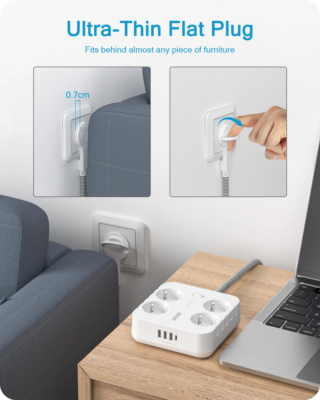 LENCENT EU Plug Power Strip  with 4 AC + 3 USB + 1 Type C 2M/3M Braided Cable 700J Surge Protection Socket with Switch for Home