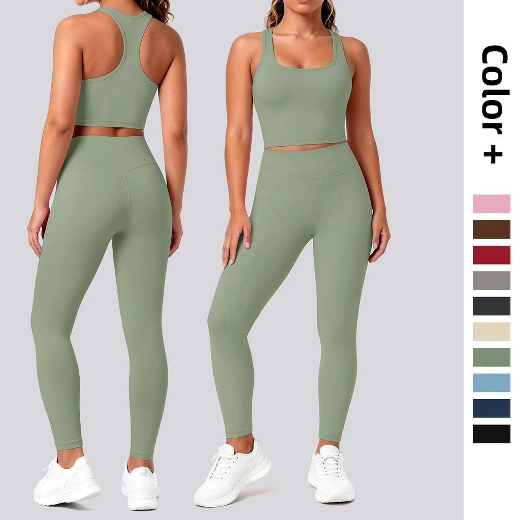 2PCS Solid Color Yoga Set for Woman's Gather Beautiful Back I-shaped Vest Shock-absorbing Running Yoga Tank Top Push Up Pants