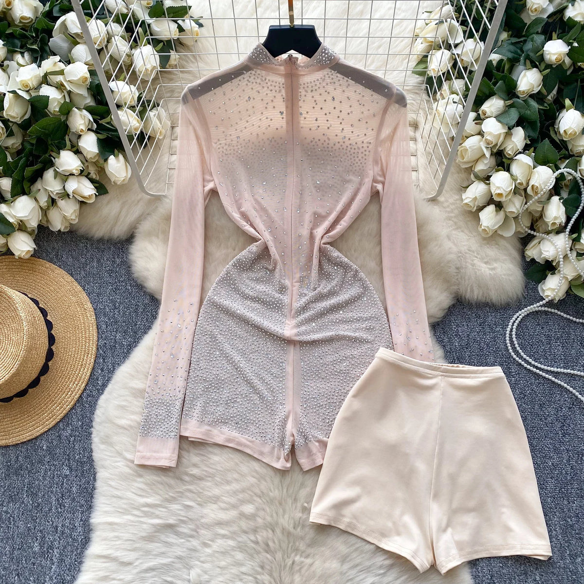 SINGREINY Summer Thin Sheer Sexy Bodysuit Long Sleeve Zipper With Shorts Design Rompers Beadings Streetwear Women Mesh Playsuits