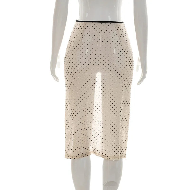 Summer Women Polka Dot Perspective Mesh Skirt Sexy High Waist Sheer See Through Midi Skirt Fashion Elegant Half Dress