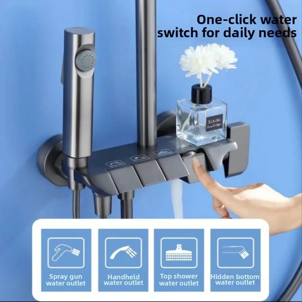 Grey Shower System Intelligent High Pressure Digital Shower Faucet Set Piano Button Temperature Display Rainfall Shower Set