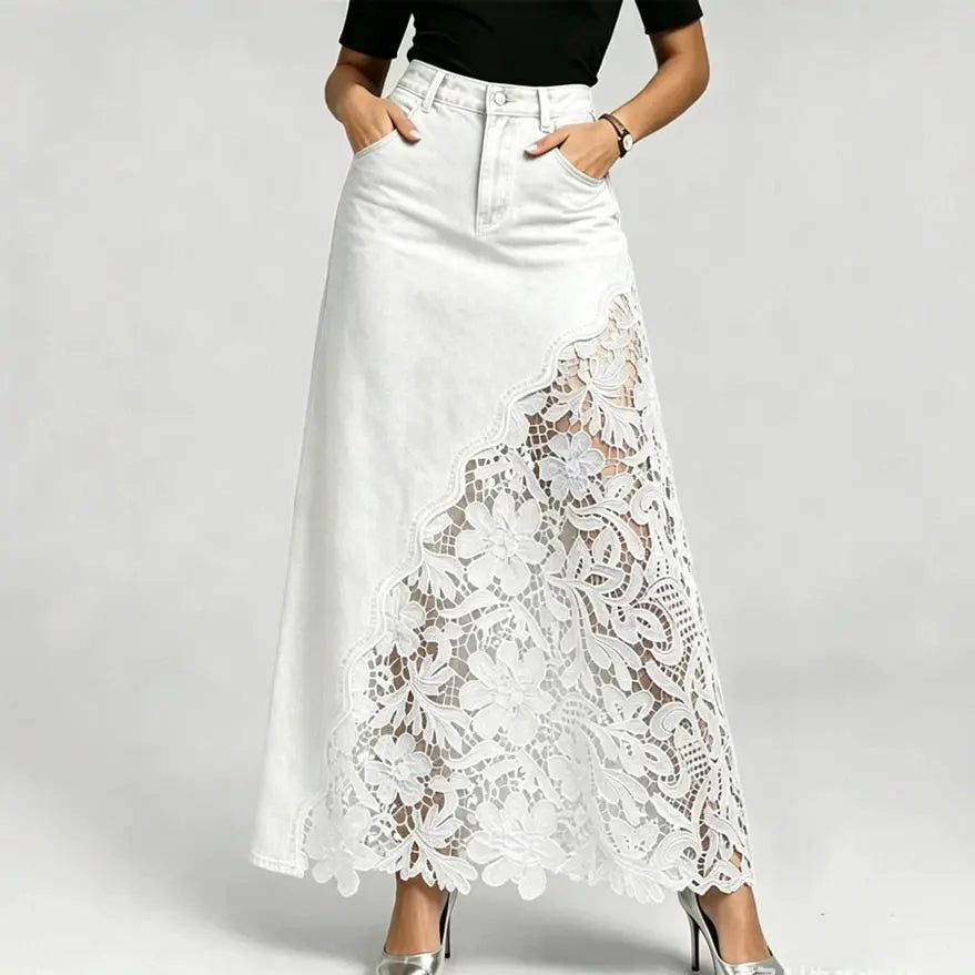 Women’s Lace Embroidery Patchwork Denim Maxi Skirt Vintage Washed With Pockets High Waist A-Line Hollow Out Chic Elegant Skirt
