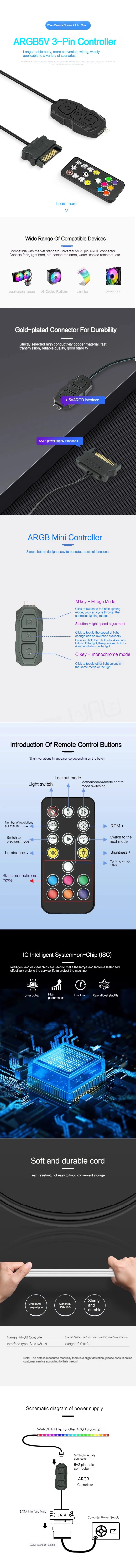 Coolcirc ARGB Controller 5V 3pin To SATA Power Supply Mini RGB Controller 3PIN Hub For Computer CPU Case Fan LED Light Radiator