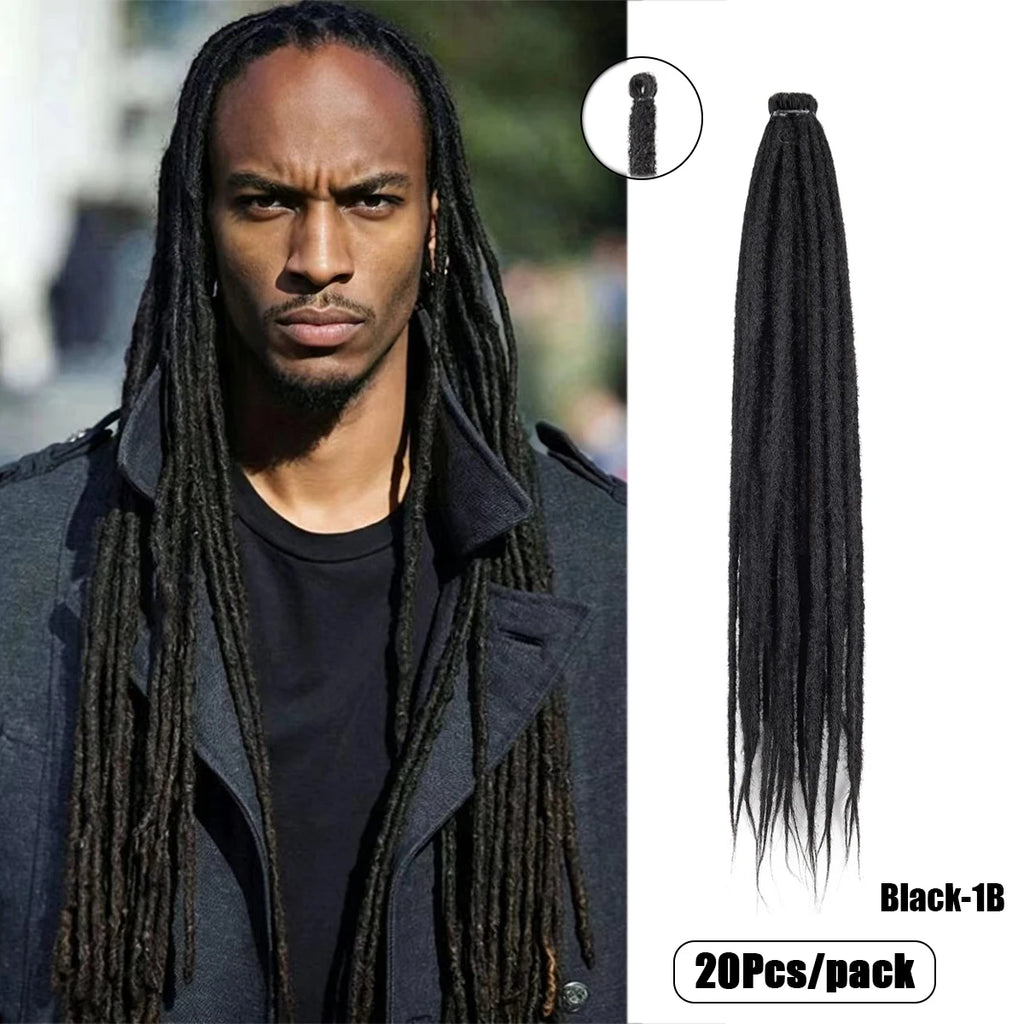 20Strands 24 Inch Synthetic Dreadlock Extensions Ombre Black 0.6cm Width Single Ended Hippie Reggae Style Crochet Hair for Men