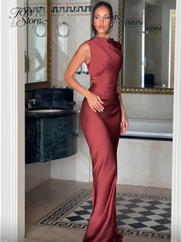 Solid Satin Cowl Neck Women's Dress Elegant Sleeveless Ruched Waist Fishtail Bodycon Lady Vestido 2026 Summer Party Dresses