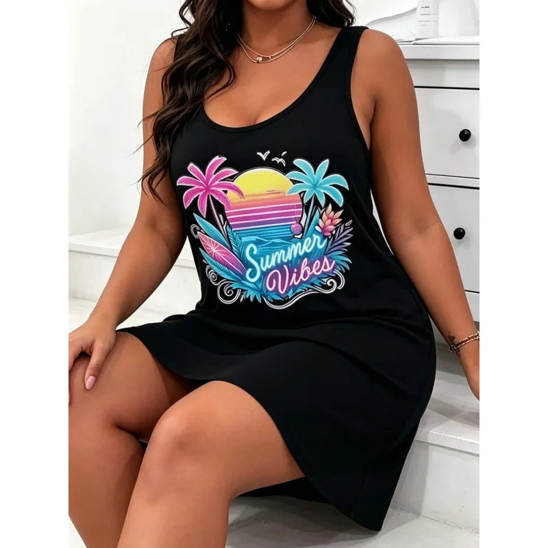 Women's Plus-Size Summer Dress, Tropical Beach Print Summer Dress, Lightweight and Machine Washable, Made of Comfortable Fabric