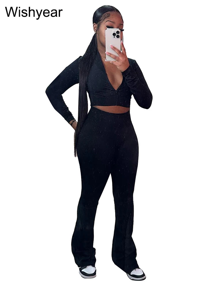 Fashion Solid 3 Pieces Sets Women Long Sleeve Crop Tops+Tanks+Flare Pants Active Fitness  Jogging Tracksuits Streetwear Outfits