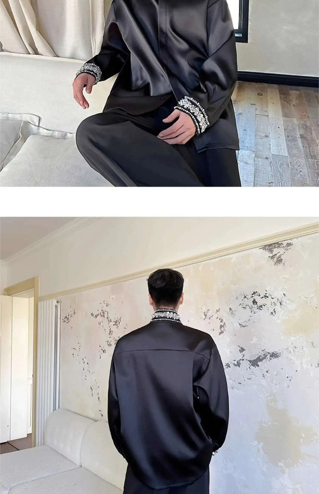 PFHQ Diamond Decoration Satin Long Sleeve Male Shirts Stand Collar Solid Color Single Breasted Men's Wear 2025 New Fashion9C7199